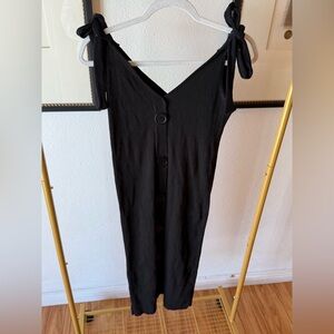 Zara Black Ribbed Button-Front Midi Dress with Tie Straps